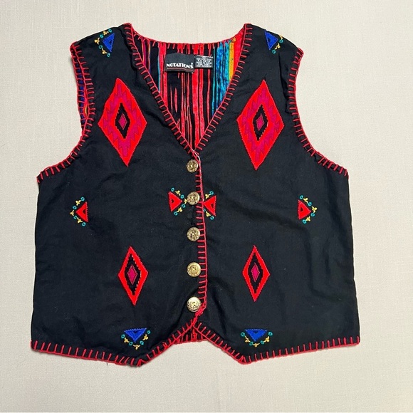 Vintage Notations Embroidered Southwestern Vest Black Red Geometric Size M - Picture 8 of 9